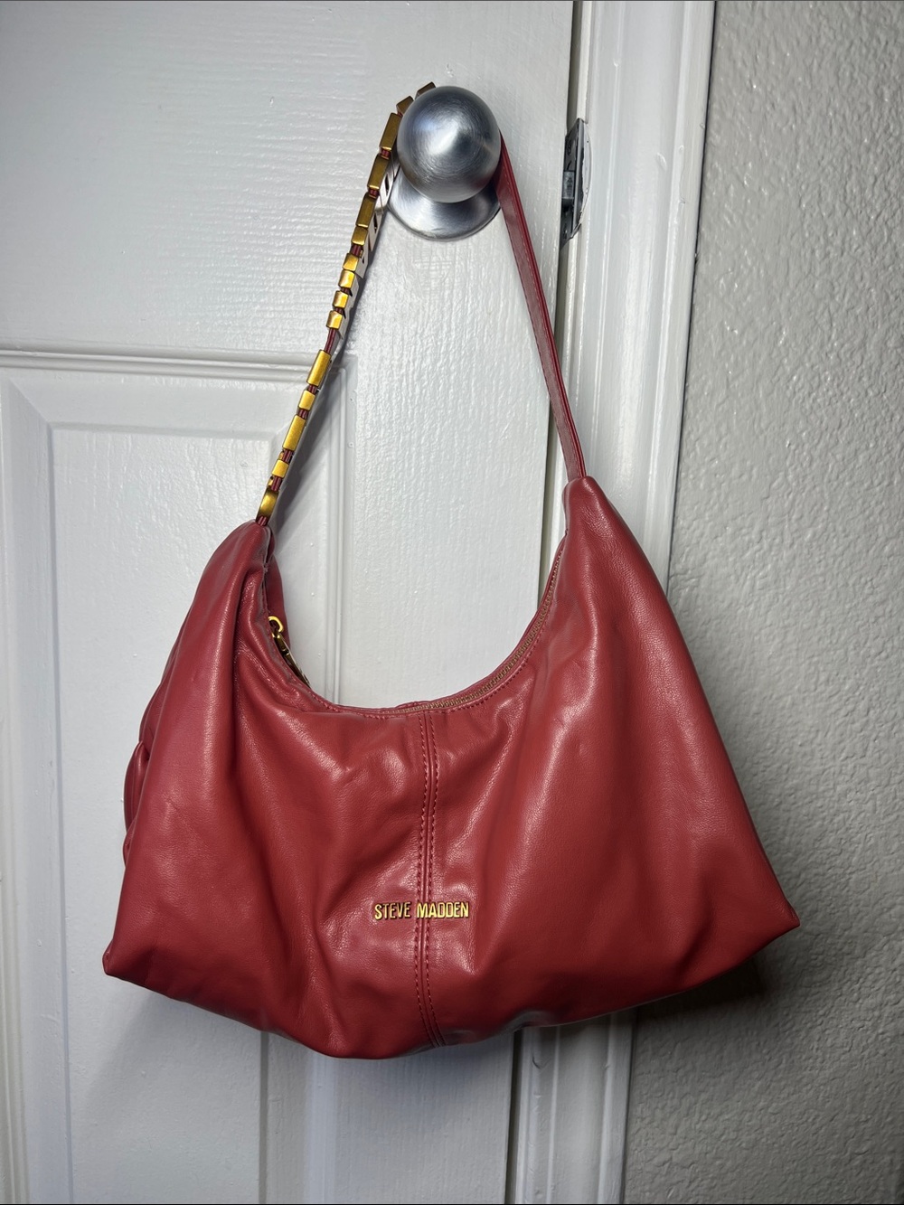 Steve Madden Coral-Red Shoulder Bag with Gold Chain Accent